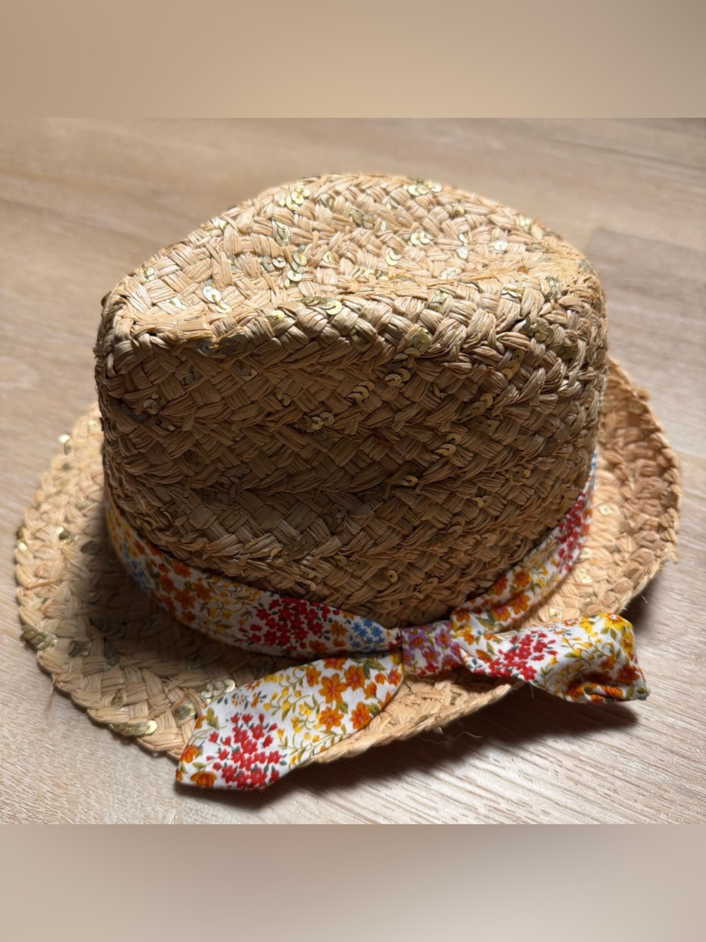 Betsey Johnson Sequin Straw Fedora Trilby Sun Hat Floral Band Women One Size